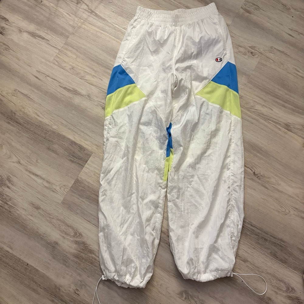 Retro Nylon 90s Champion White Yellow Blue Wind Breaker Pants Vintage Small